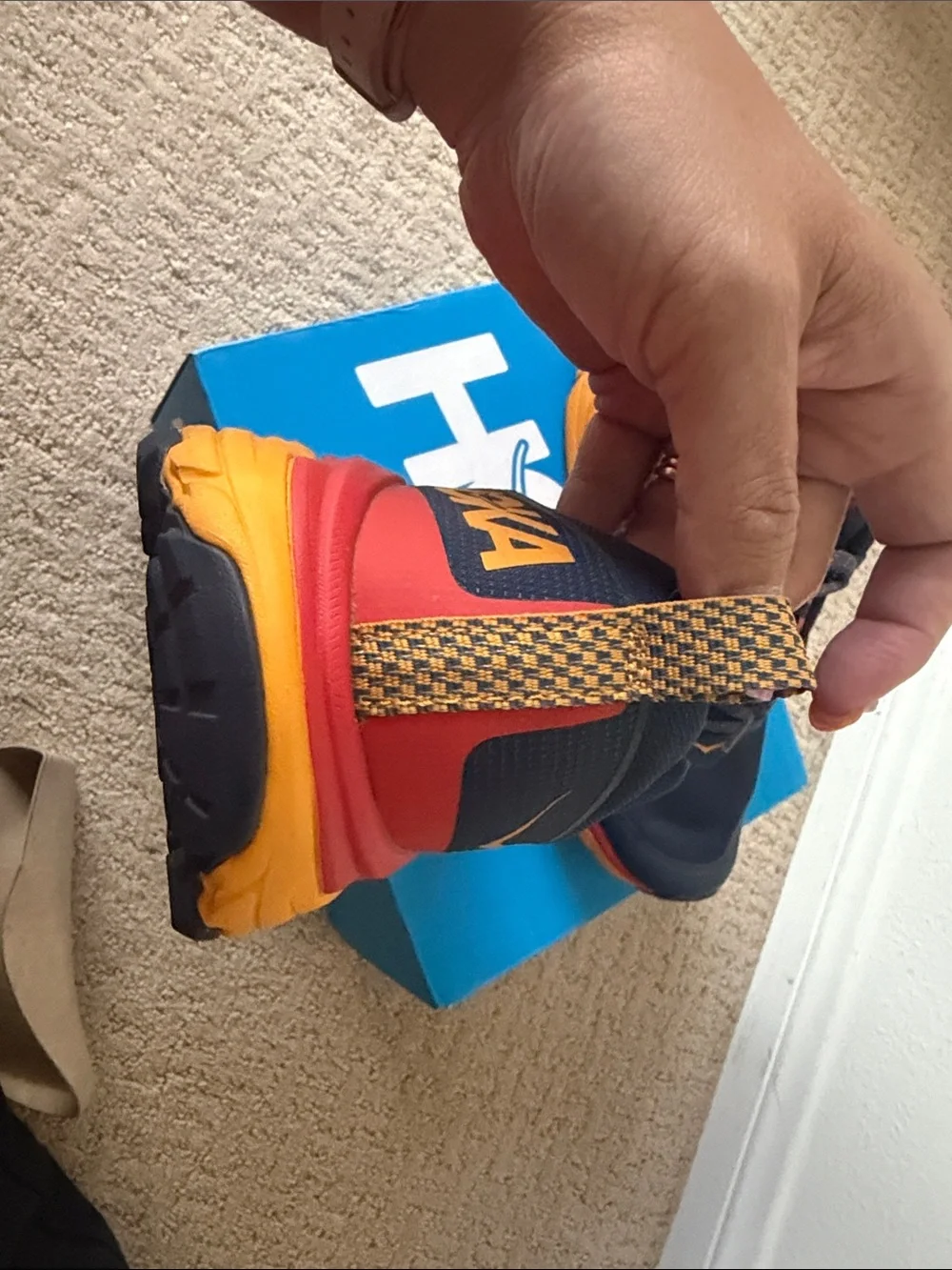 Hoka Challenger ATR 6 Navy Road/Trail Shoes with Red & Gold Accents - Like New